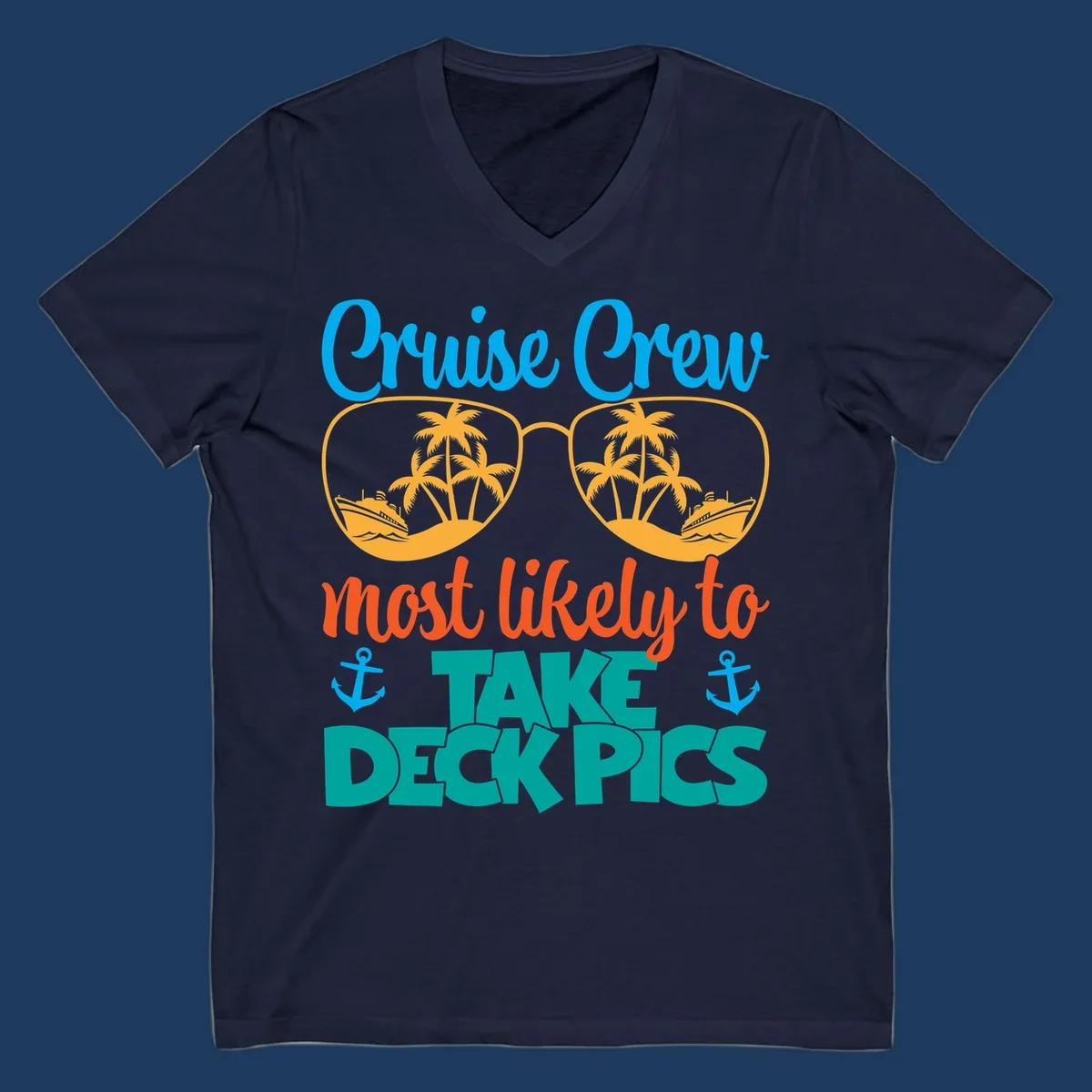 Colorful cruise crew deckpics design with sunglasses reflecting palm trees and ships, anchors, and bold tropical text
