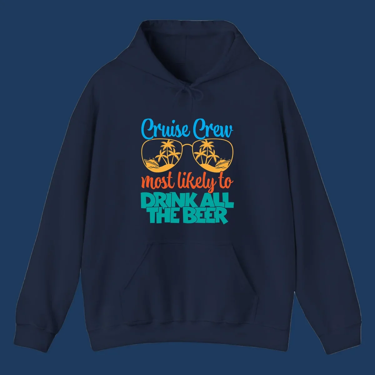 Colorful sunglasses design with palm trees and ships showing 'Cruise Crew Most Likely to Drink All the Beer' text