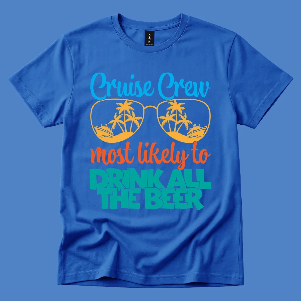 Colorful sunglasses design with palm trees and ships showing 'Cruise Crew Most Likely to Drink All the Beer' text