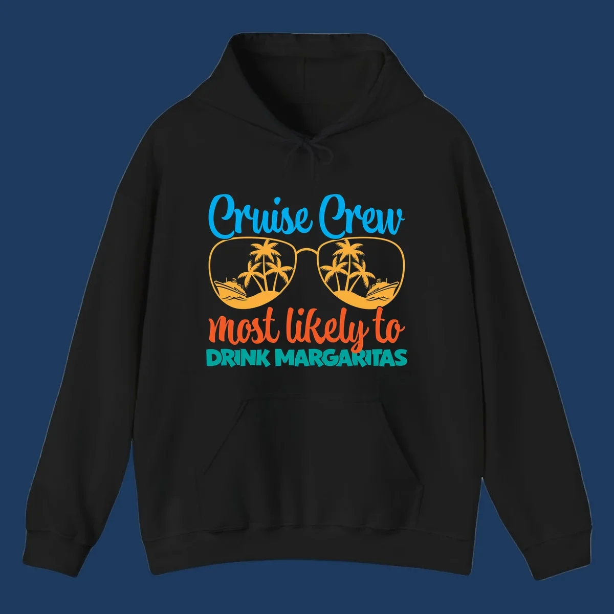 Cruise crew margaritas design with sunglasses containing palm trees and ships, blue and orange text on gray background