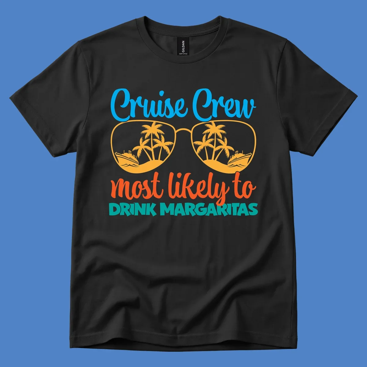 Cruise crew margaritas design with sunglasses containing palm trees and ships, blue and orange text on gray background