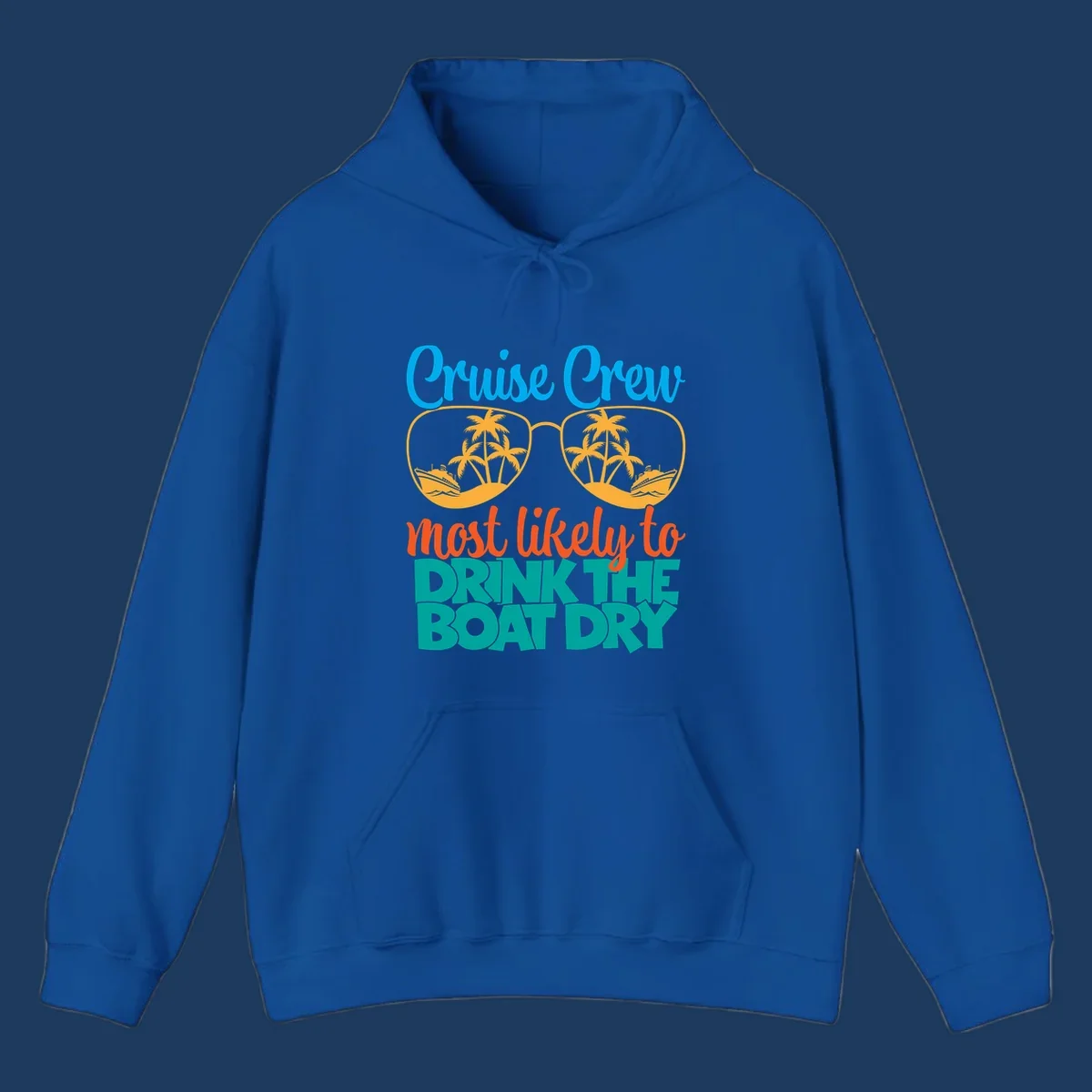 Cruise crew most likely to drink the boat dry design with tropical sunglasses, palm trees, and ship illustration
