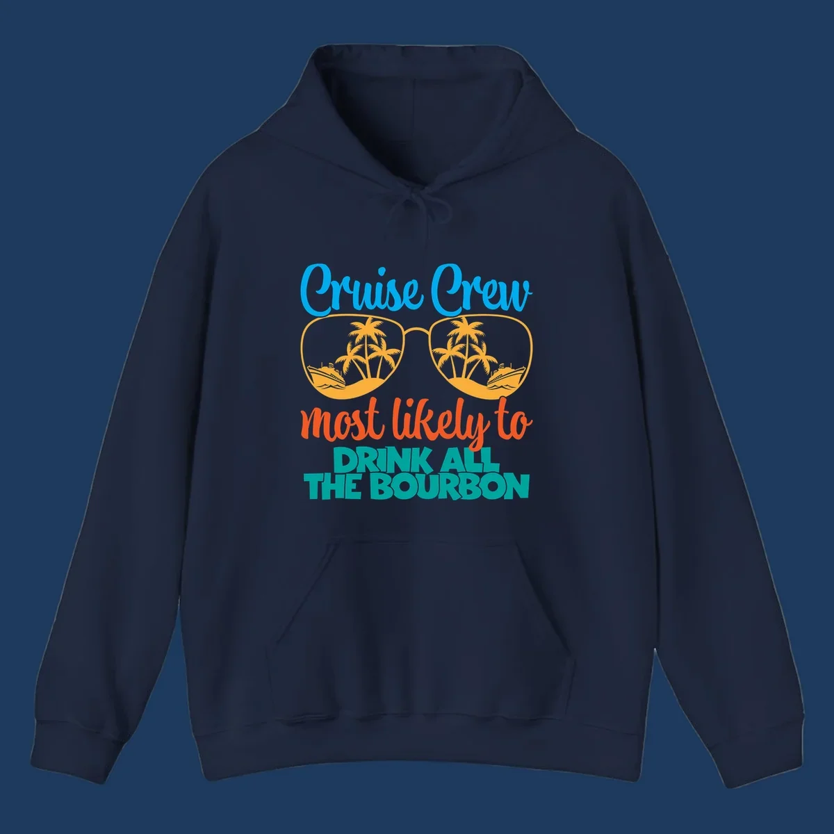 Cruise crew bourbon design with sunglasses containing tropical beach scenes and palm trees, featuring playful text about drinking bourbon on vacation