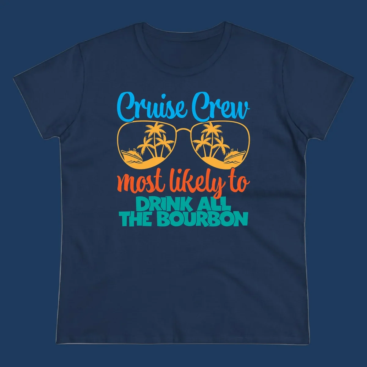 Cruise crew bourbon design with sunglasses containing tropical beach scenes and palm trees, featuring playful text about drinking bourbon on vacation