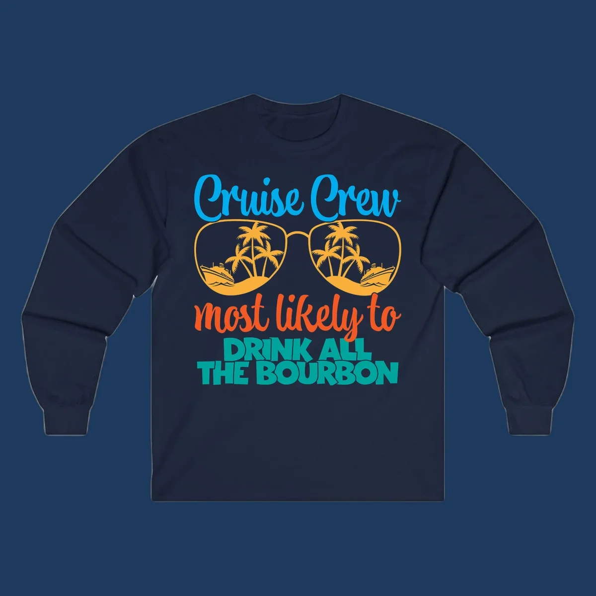 Cruise crew bourbon design with sunglasses containing tropical beach scenes and palm trees, featuring playful text about drinking bourbon on vacation