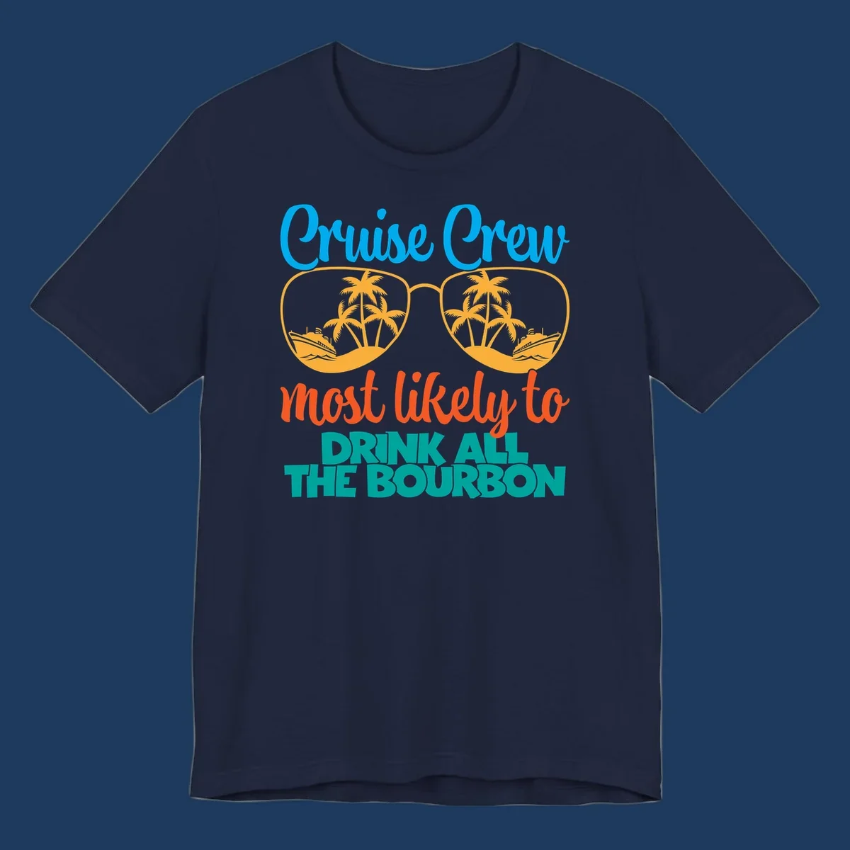 Cruise crew bourbon design with sunglasses containing tropical beach scenes and palm trees, featuring playful text about drinking bourbon on vacation