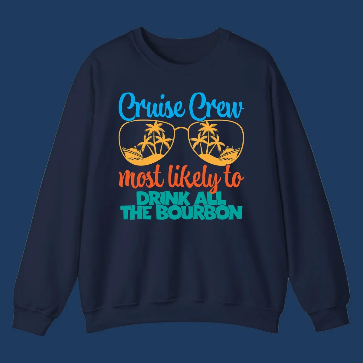 Cruise crew bourbon design with sunglasses containing tropical beach scenes and palm trees, featuring playful text about drinking bourbon on vacation