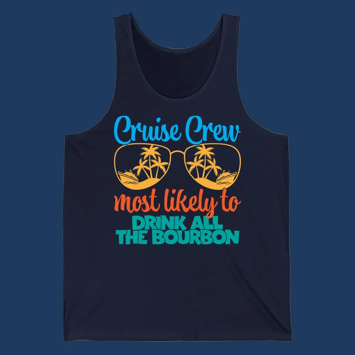 Cruise crew bourbon design with sunglasses containing tropical beach scenes and palm trees, featuring playful text about drinking bourbon on vacation