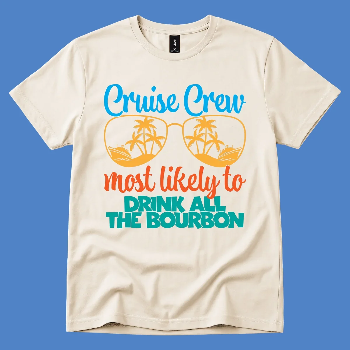 Cruise crew bourbon design with sunglasses containing tropical beach scenes and palm trees, featuring playful text about drinking bourbon on vacation