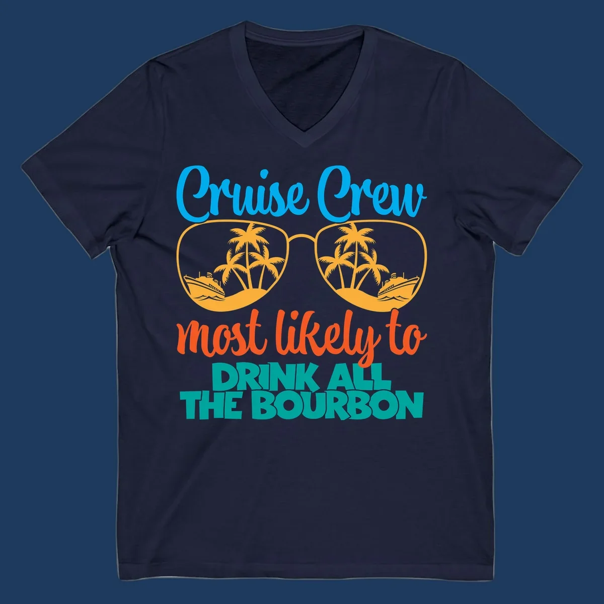 Cruise crew bourbon design with sunglasses containing tropical beach scenes and palm trees, featuring playful text about drinking bourbon on vacation