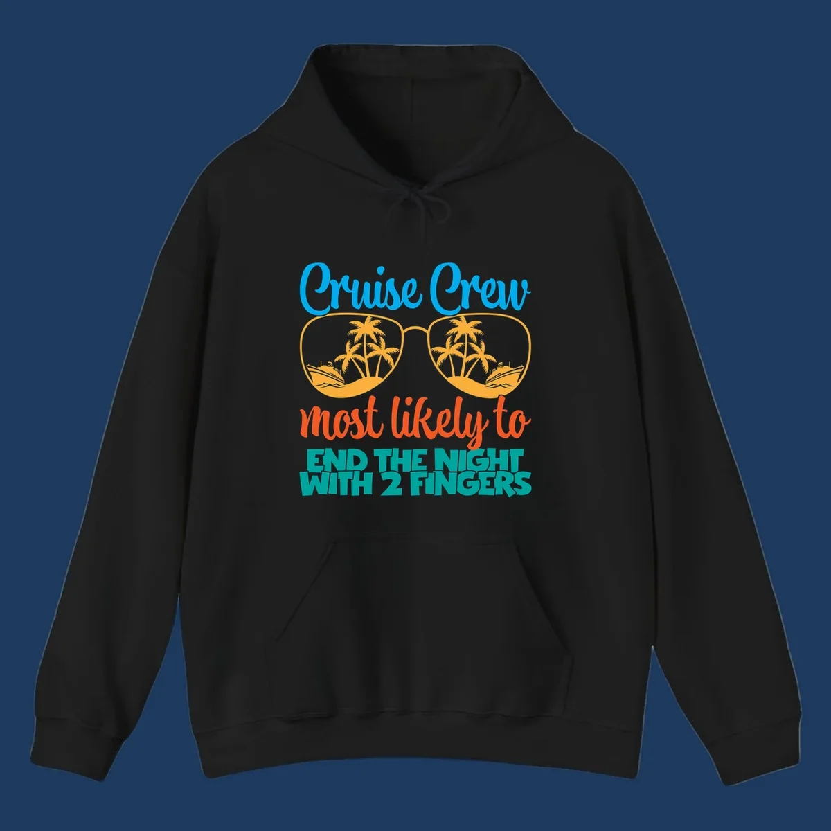 Cruise crew most likely to end the night with two fingers design featuring sunglasses with tropical beach and ship scenes inside