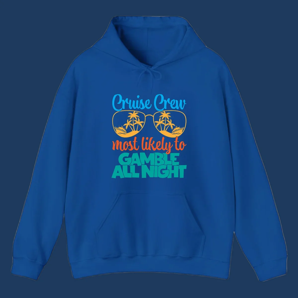 Cruise crew gamble all night design with sunglasses reflecting tropical beach and ship scenes