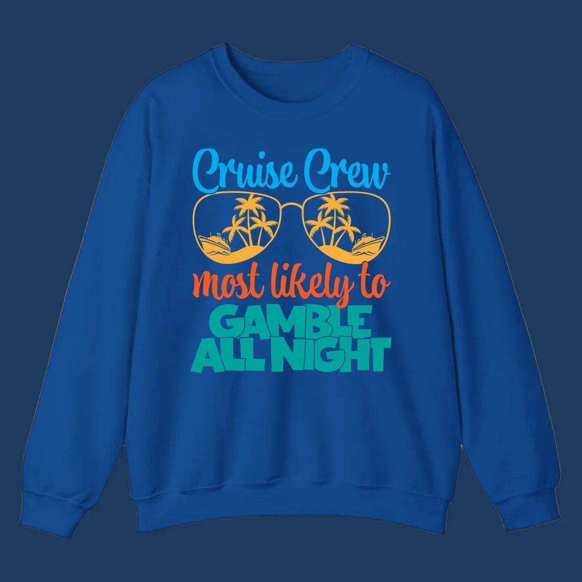Cruise crew gamble all night design with sunglasses reflecting tropical beach and ship scenes