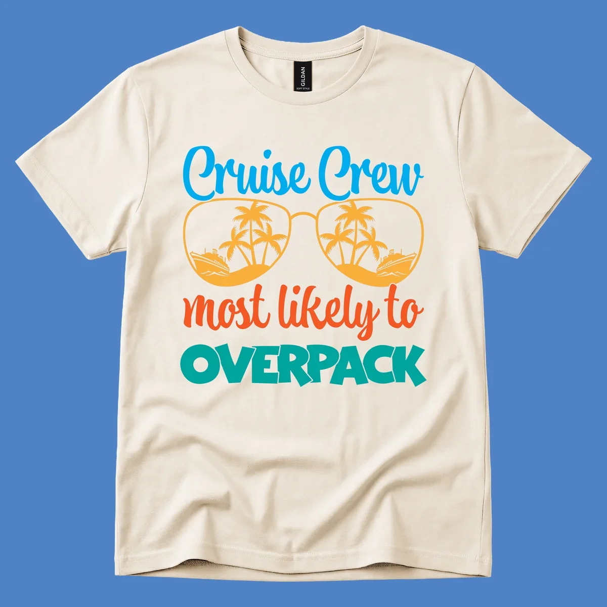 Cruise crew most likely to overpack design with sunglasses, palm trees, and ship illustration