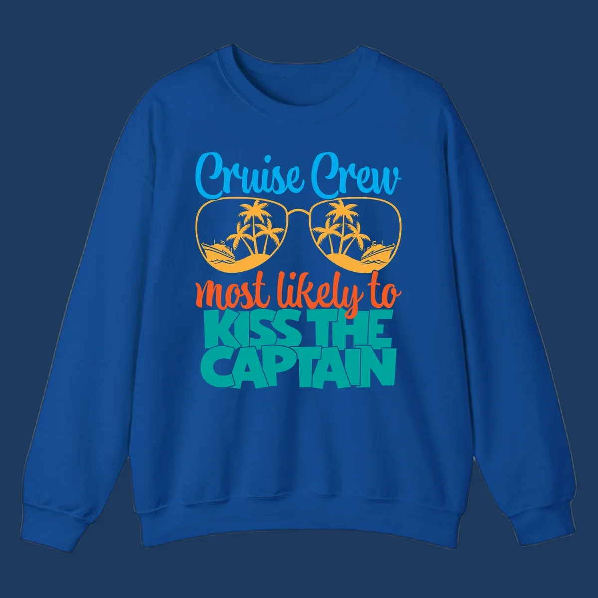 Cruise crew most likely to kiss the captain design with sunglasses showing palm trees and ships