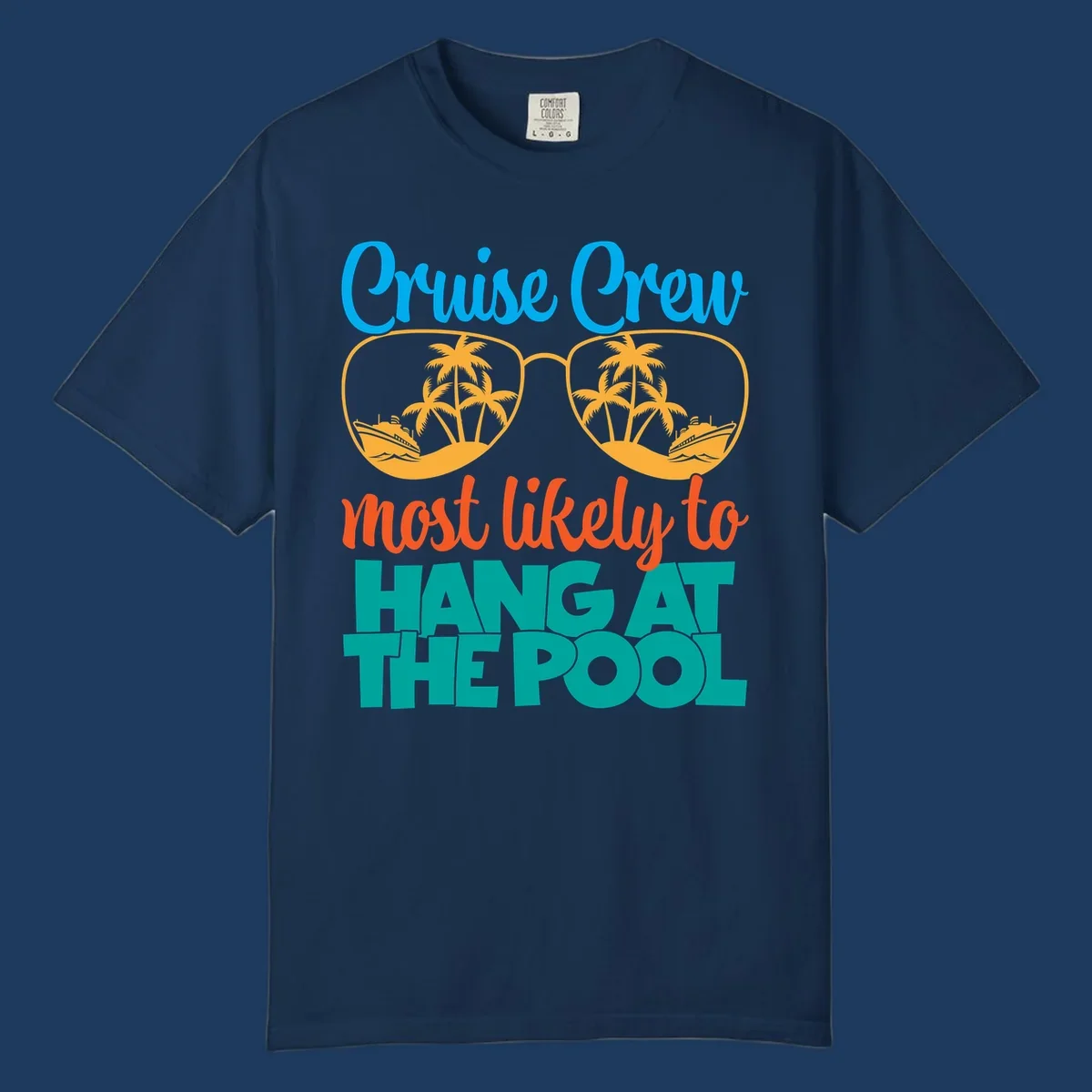 Cruise crew pool hang design with sunglasses, palm trees, and cruise ships in tropical scene