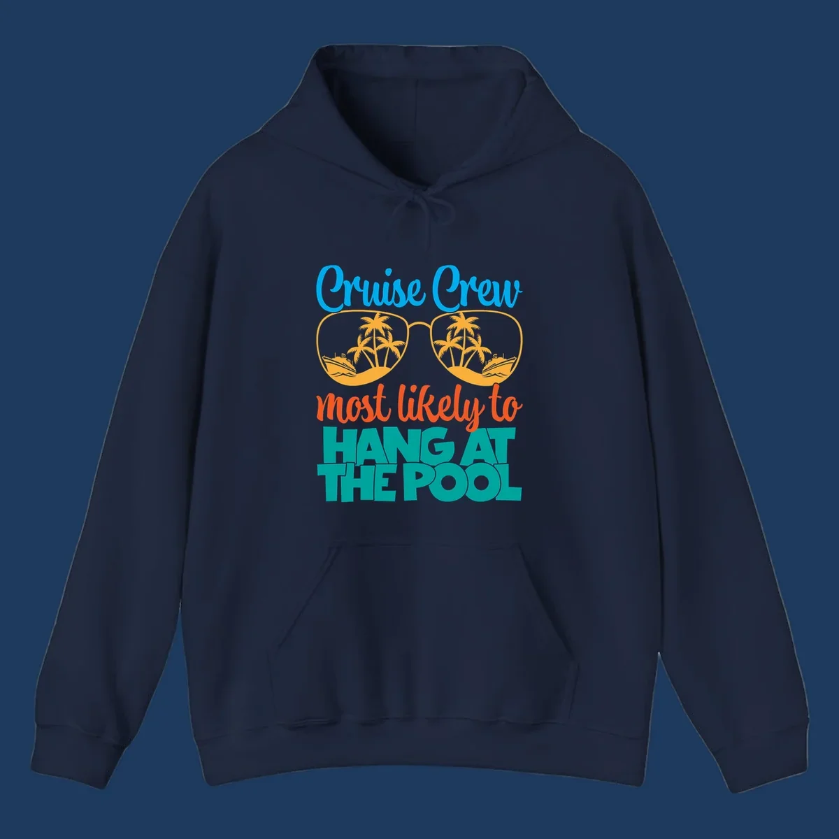 Cruise crew pool hang design with sunglasses, palm trees, and cruise ships in tropical scene