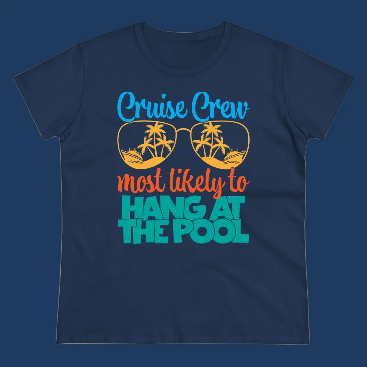 Cruise crew pool hang design with sunglasses, palm trees, and cruise ships in tropical scene