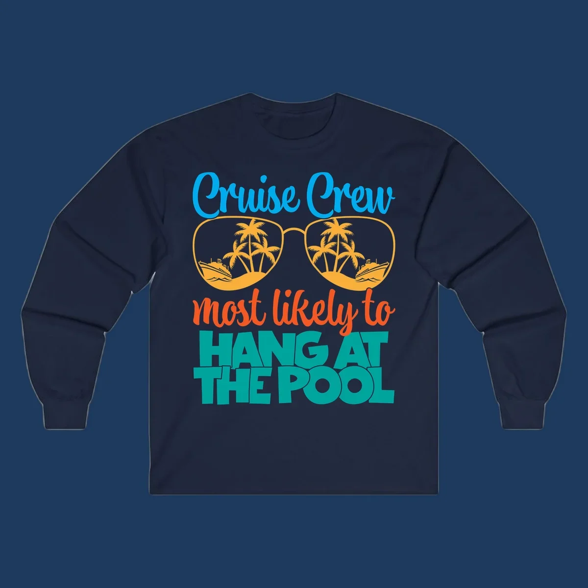 Cruise crew pool hang design with sunglasses, palm trees, and cruise ships in tropical scene