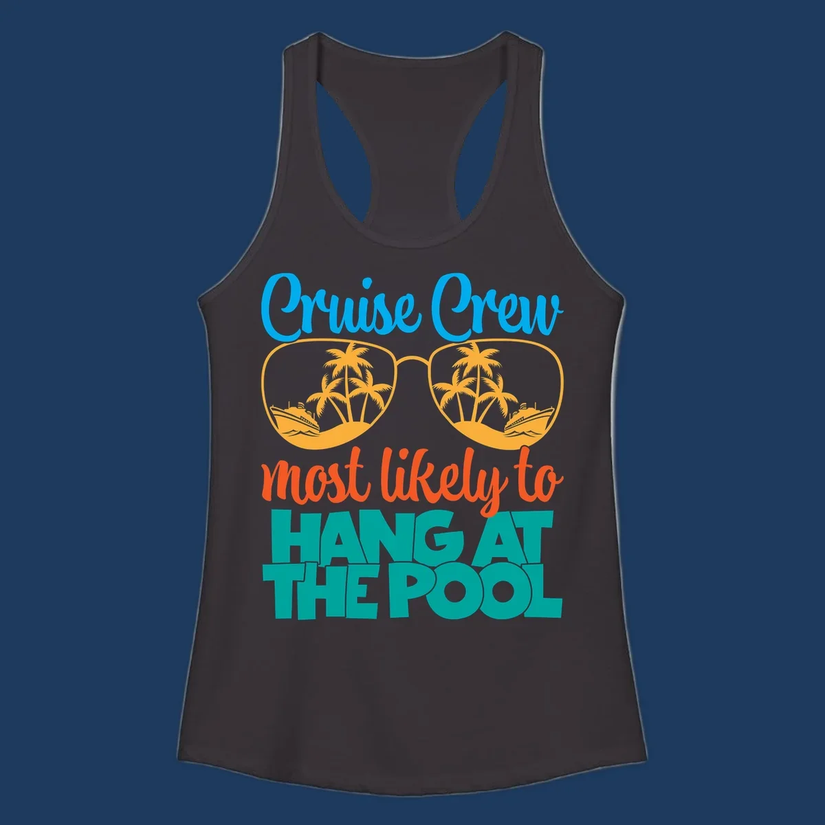 Cruise crew pool hang design with sunglasses, palm trees, and cruise ships in tropical scene