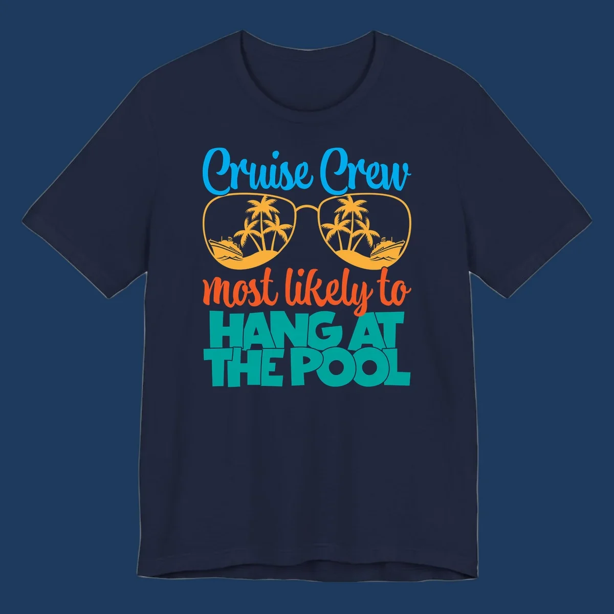 Cruise crew pool hang design with sunglasses, palm trees, and cruise ships in tropical scene
