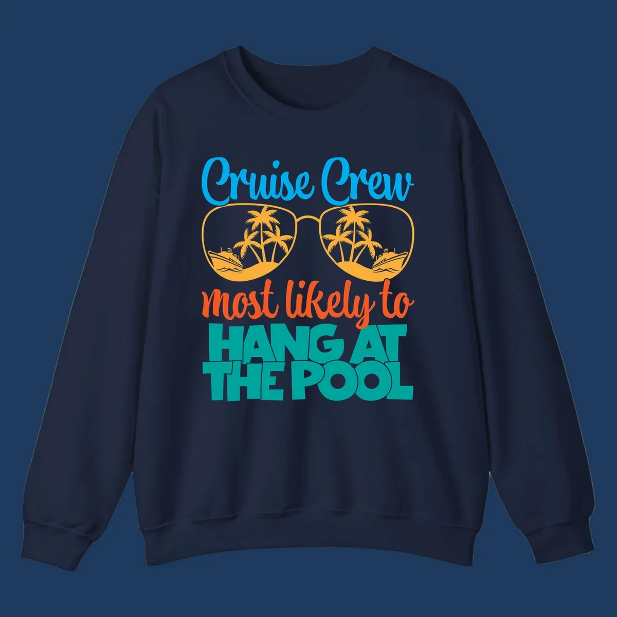 Cruise crew pool hang design with sunglasses, palm trees, and cruise ships in tropical scene