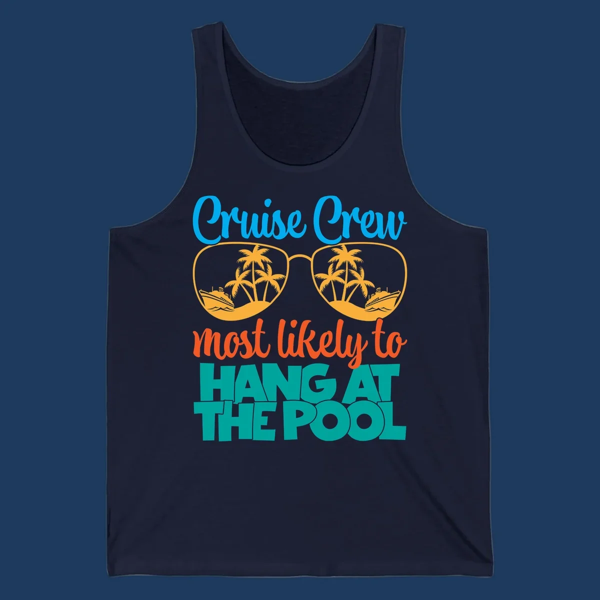 Cruise crew pool hang design with sunglasses, palm trees, and cruise ships in tropical scene