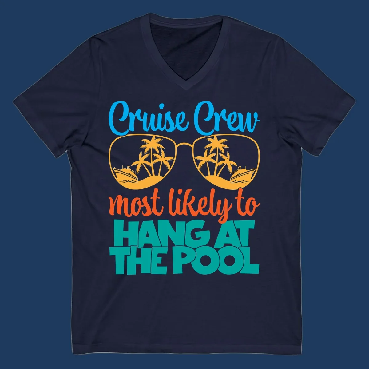 Cruise crew pool hang design with sunglasses, palm trees, and cruise ships in tropical scene