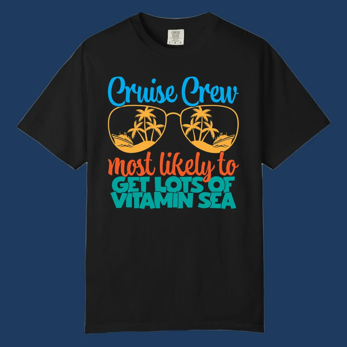 Cruise crew vitamin sea design with oversized sunglasses containing palm trees and ships, playful text about getting lost on vacation