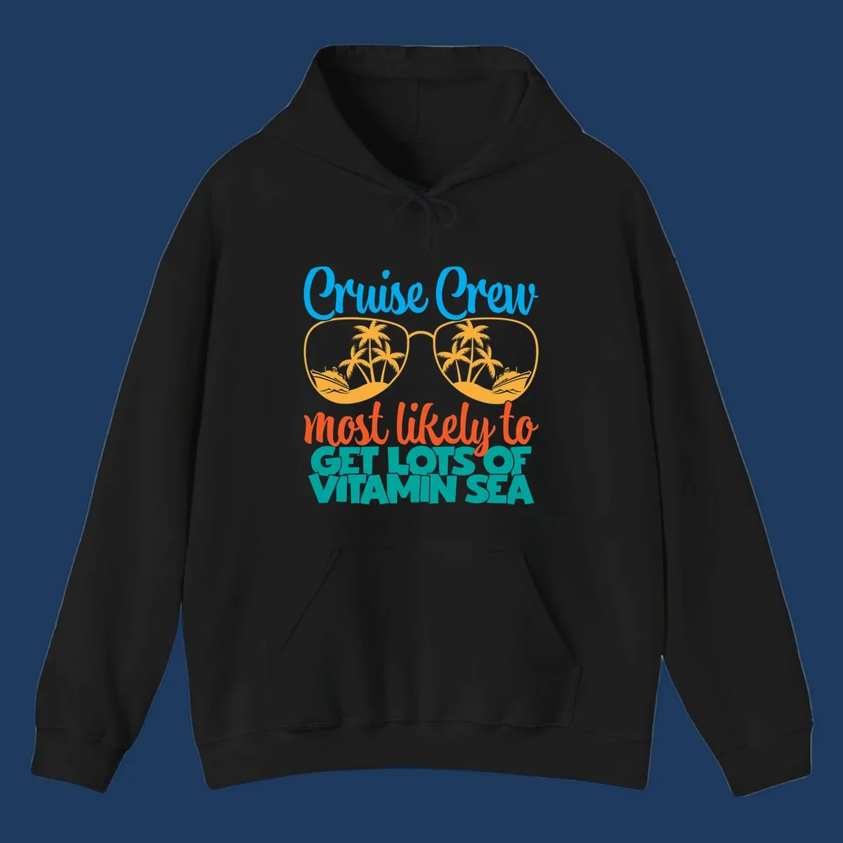 Cruise crew vitamin sea design with oversized sunglasses containing palm trees and ships, playful text about getting lost on vacation