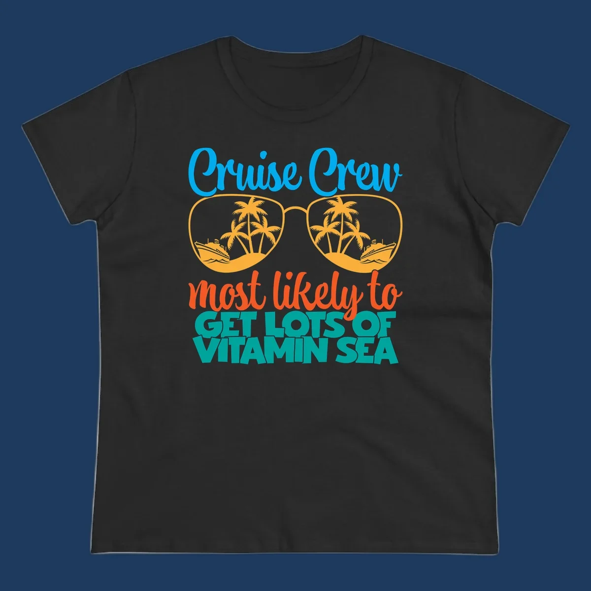 Cruise crew vitamin sea design with oversized sunglasses containing palm trees and ships, playful text about getting lost on vacation