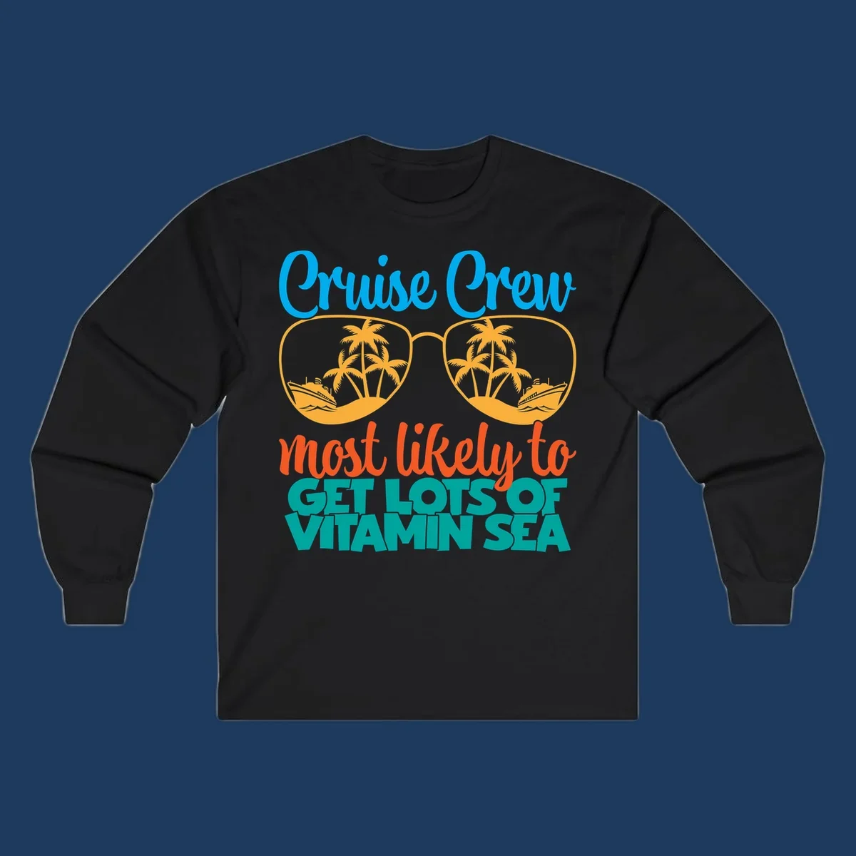 Cruise crew vitamin sea design with oversized sunglasses containing palm trees and ships, playful text about getting lost on vacation