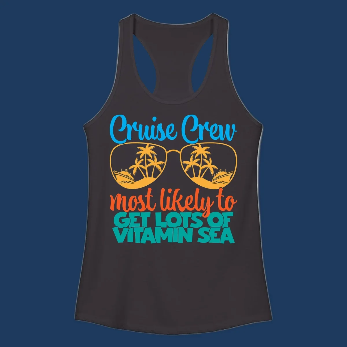 Cruise crew vitamin sea design with oversized sunglasses containing palm trees and ships, playful text about getting lost on vacation
