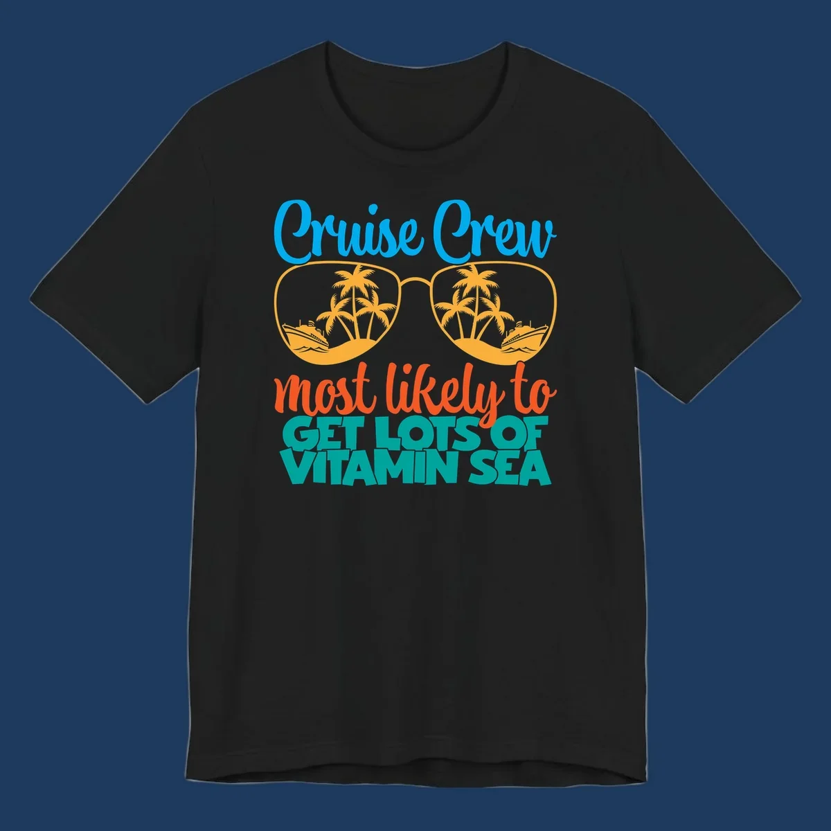 Cruise crew vitamin sea design with oversized sunglasses containing palm trees and ships, playful text about getting lost on vacation
