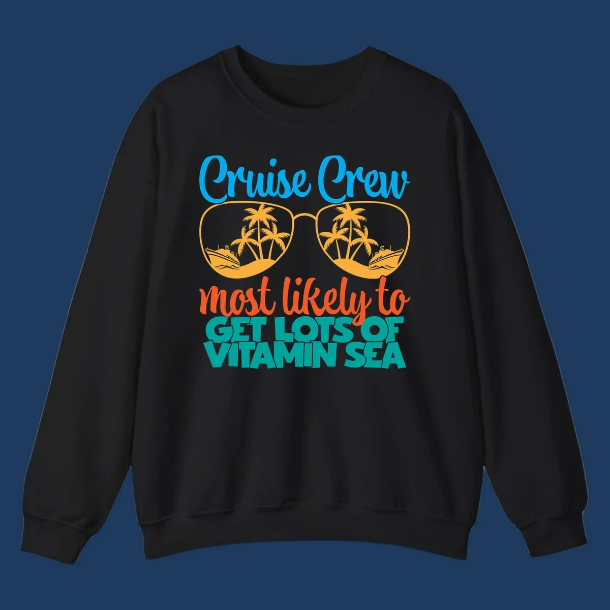 Cruise crew vitamin sea design with oversized sunglasses containing palm trees and ships, playful text about getting lost on vacation