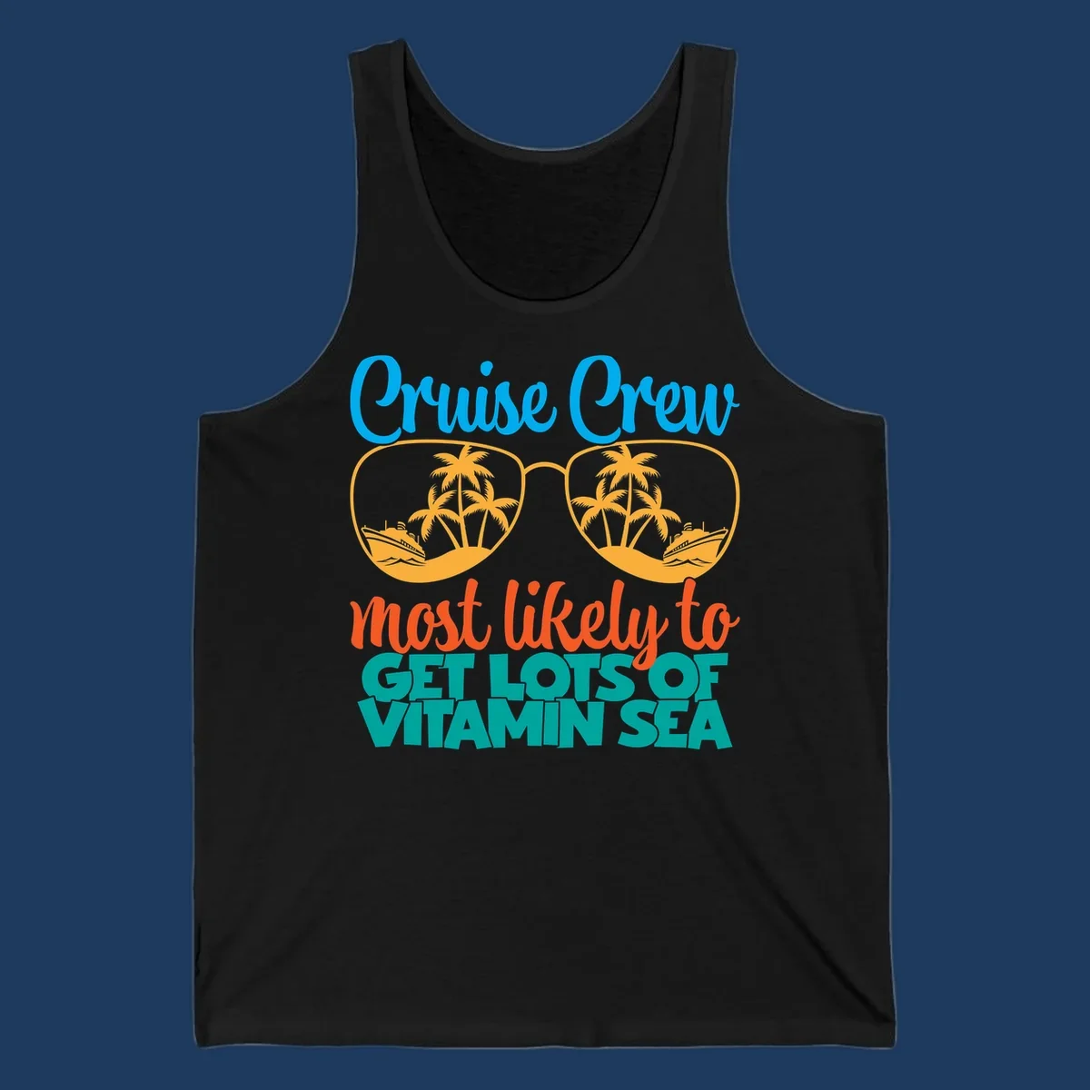 Cruise crew vitamin sea design with oversized sunglasses containing palm trees and ships, playful text about getting lost on vacation