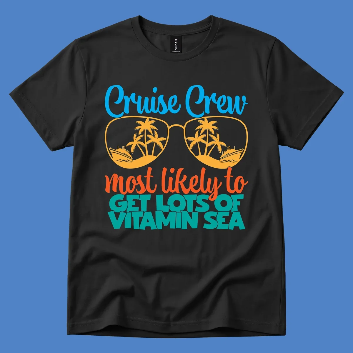 Cruise crew vitamin sea design with oversized sunglasses containing palm trees and ships, playful text about getting lost on vacation