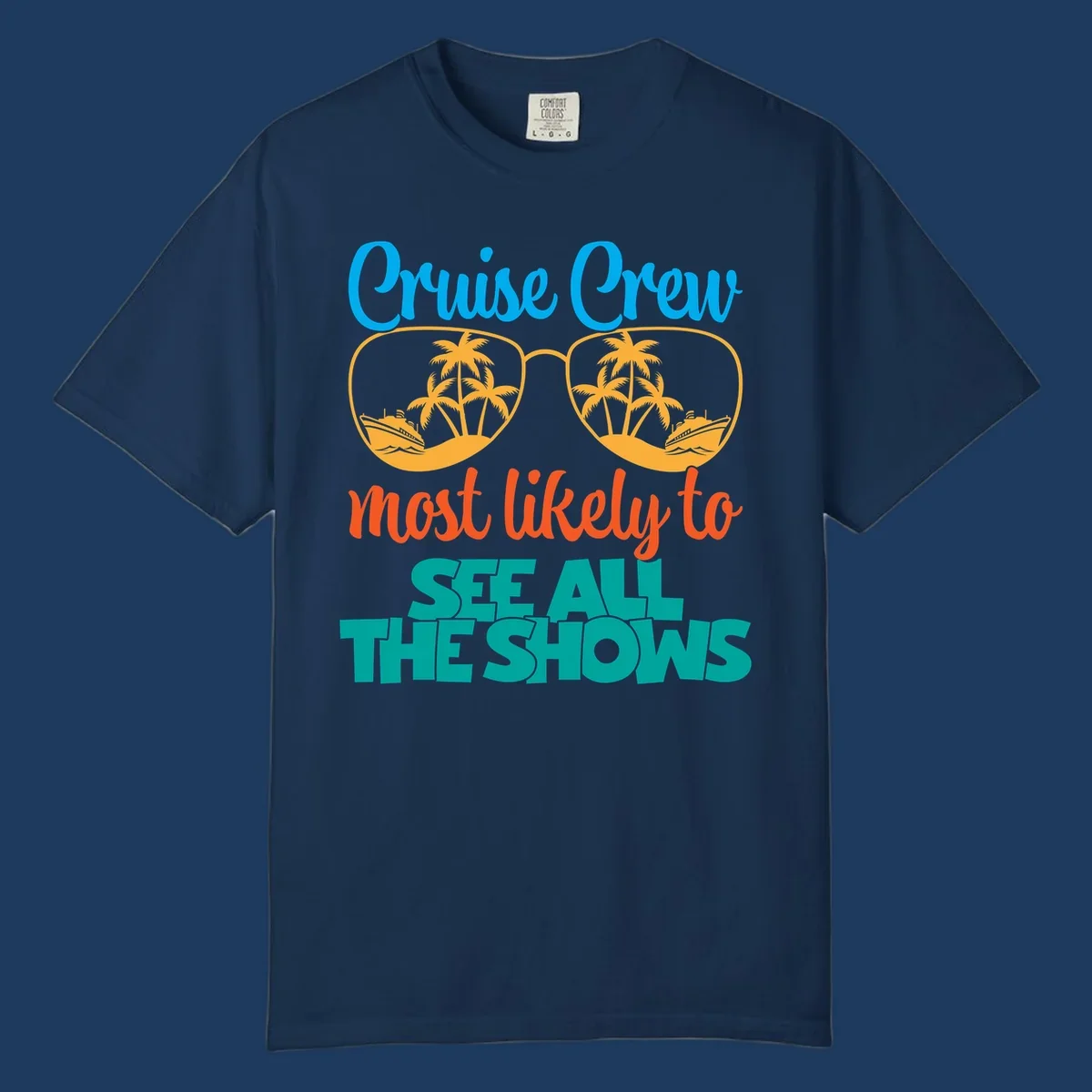 Cruise crew most likely to see all the shows design with oversized sunglasses reflecting palm trees and cruise ships