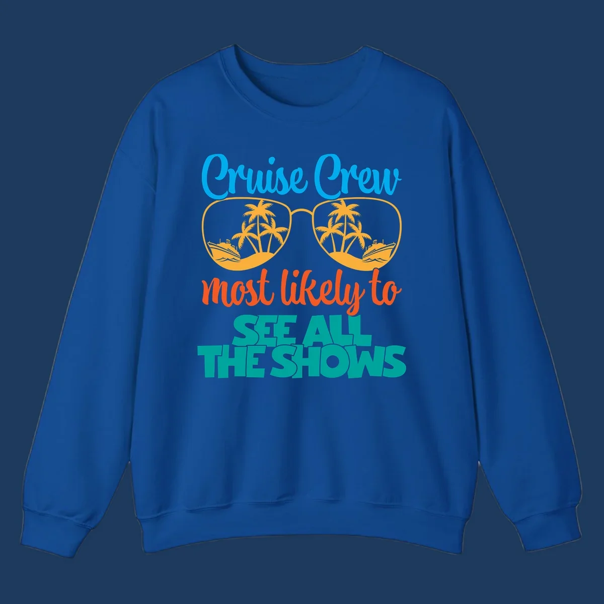 Cruise crew most likely to see all the shows design with oversized sunglasses reflecting palm trees and cruise ships
