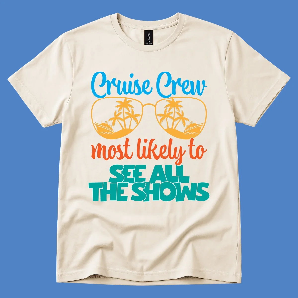 Cruise crew most likely to see all the shows design with oversized sunglasses reflecting palm trees and cruise ships