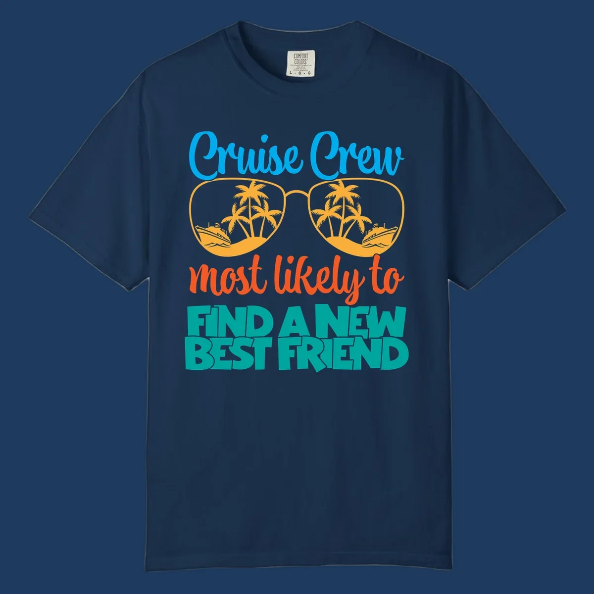 Cruise crew best friend design with sunglasses containing tropical palm trees and ships, colorful text on gray background