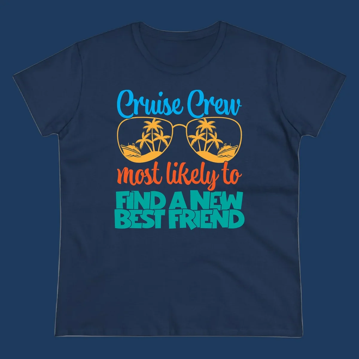 Cruise crew best friend design with sunglasses containing tropical palm trees and ships, colorful text on gray background