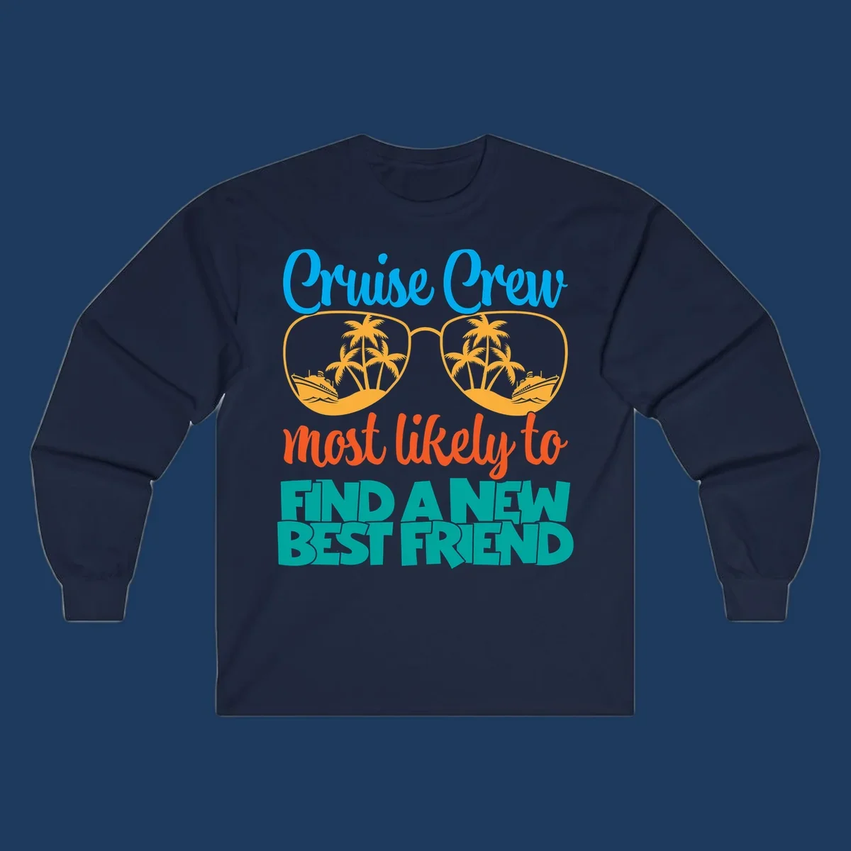 Cruise crew best friend design with sunglasses containing tropical palm trees and ships, colorful text on gray background