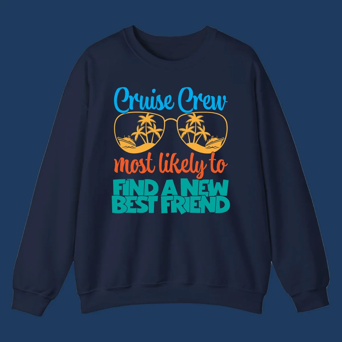 Cruise crew best friend design with sunglasses containing tropical palm trees and ships, colorful text on gray background