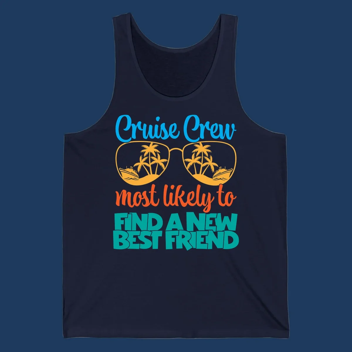 Cruise crew best friend design with sunglasses containing tropical palm trees and ships, colorful text on gray background