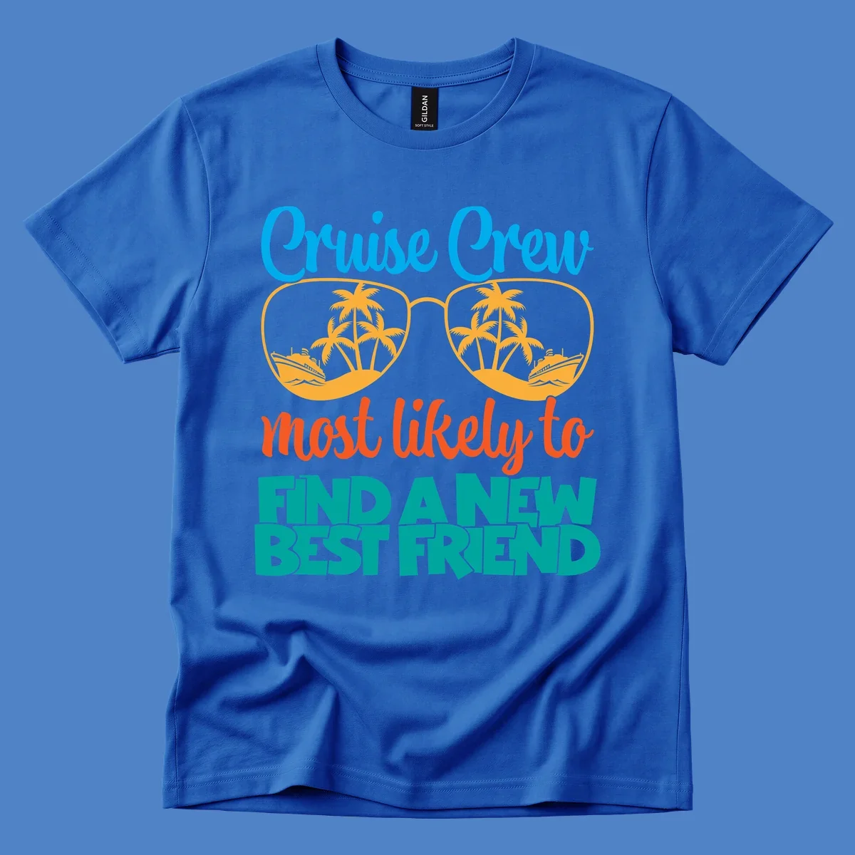 Cruise crew best friend design with sunglasses containing tropical palm trees and ships, colorful text on gray background