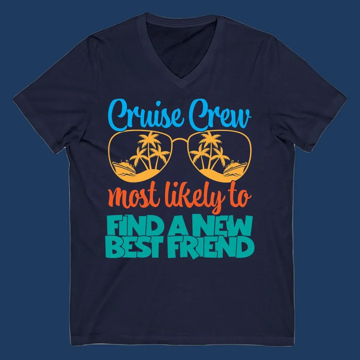 Cruise crew best friend design with sunglasses containing tropical palm trees and ships, colorful text on gray background