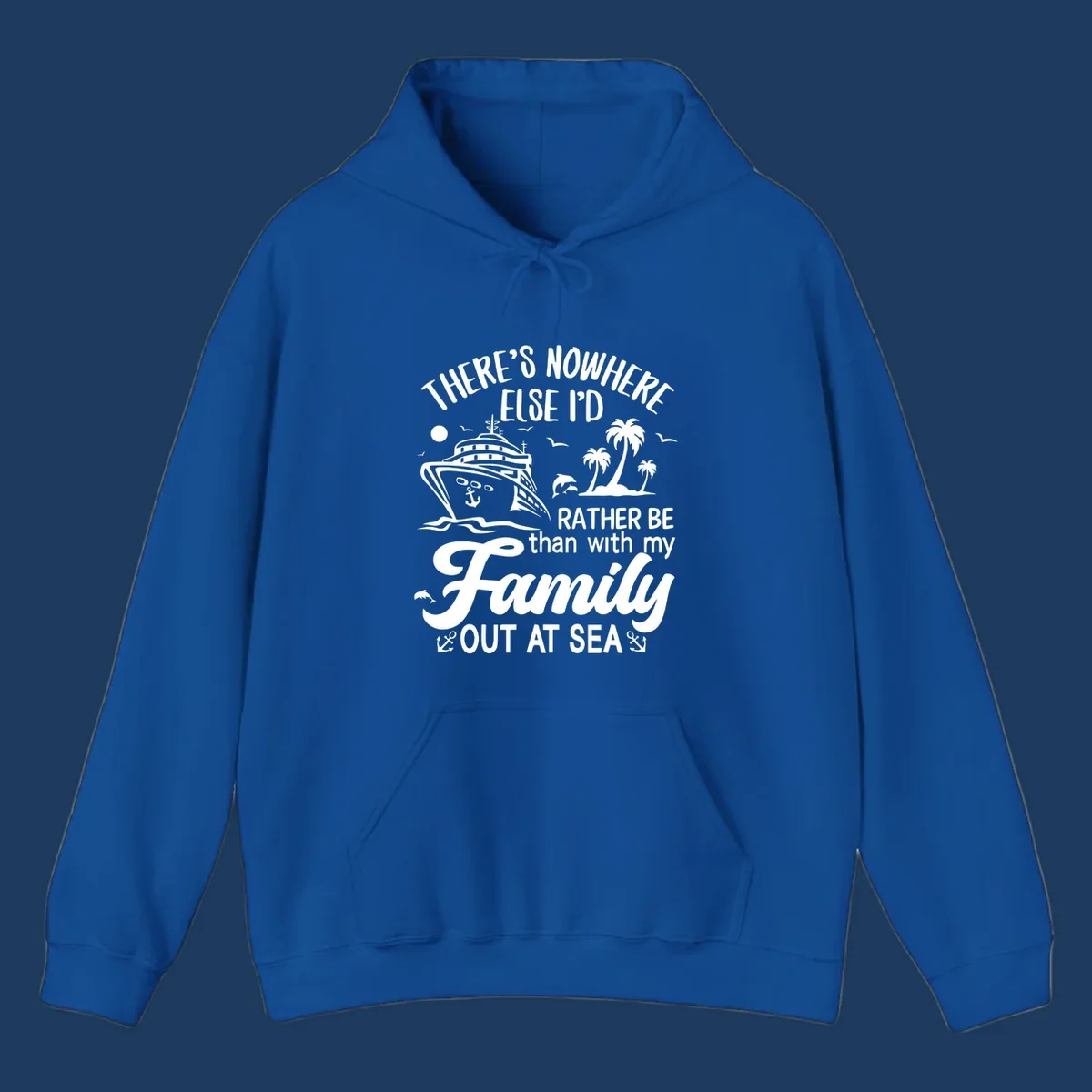 Family cruise vacation design with cruise ship, tropical island, dolphins, and text saying 'Rather Be Out At Sea'