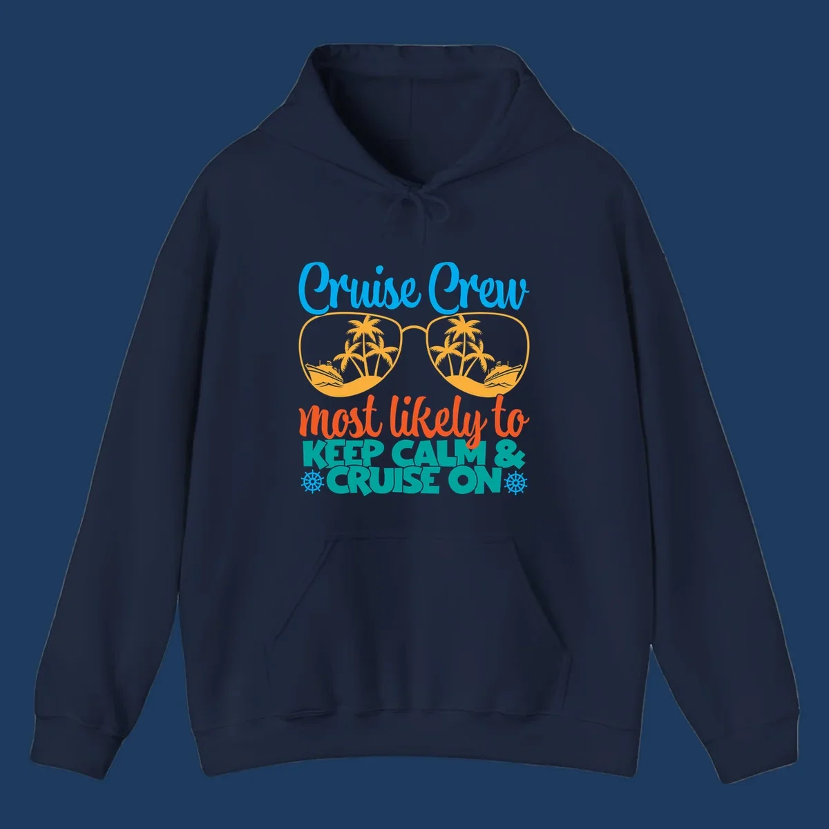 Colorful cruise crew keep calm design with oversized sunglasses showing palm trees and ships, playful vacation text art