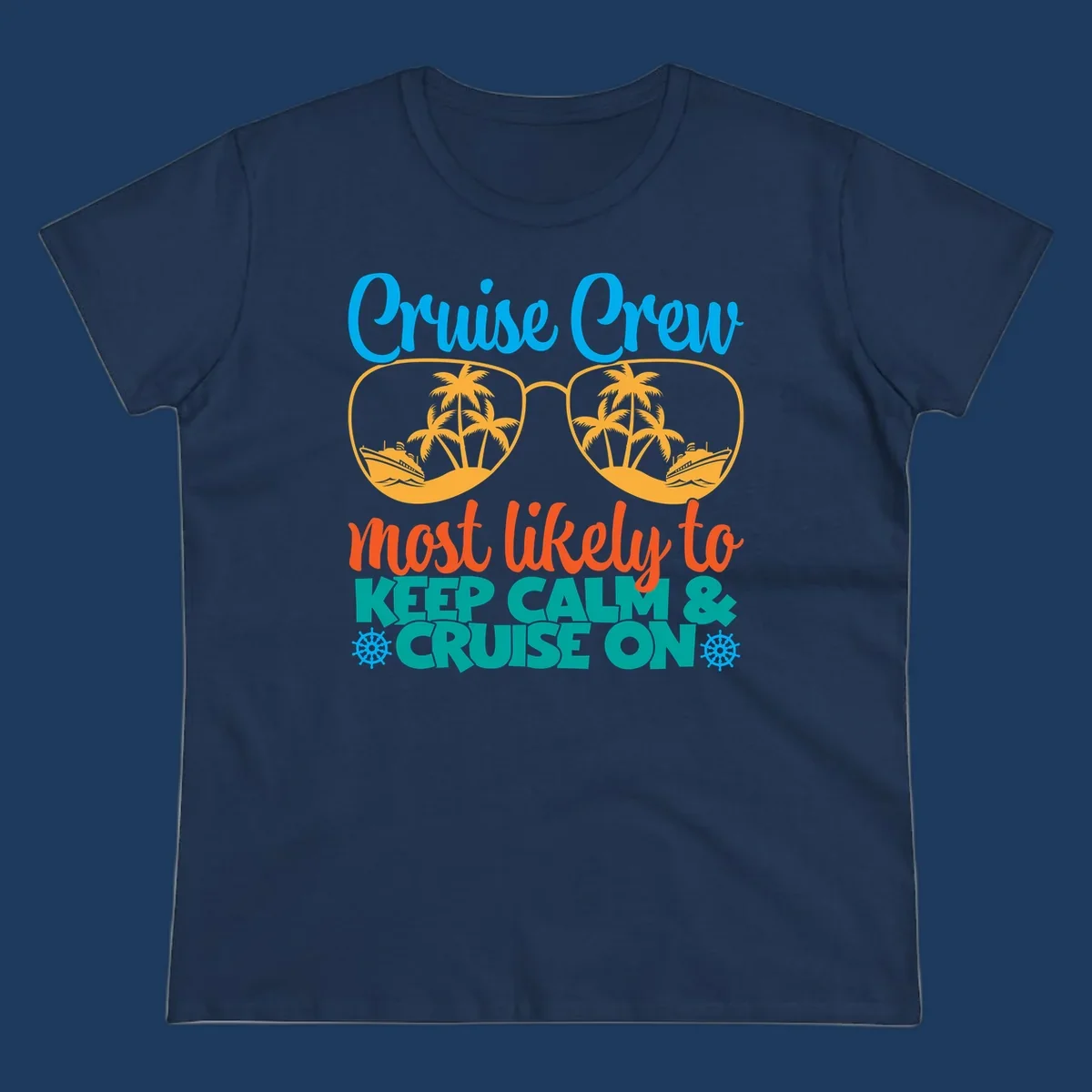 Colorful cruise crew keep calm design with oversized sunglasses showing palm trees and ships, playful vacation text art